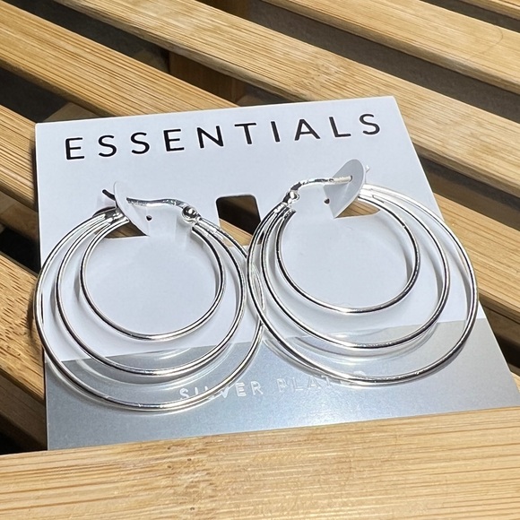 Essentials Silver Plated Triple Graduated Hoop Pierced Earrings 1 1/2” - Picture 3 of 8